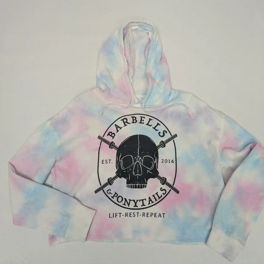 Barbells And Ponytails Tie Dye Crop "Skull" Hoodie Sweatshirt NEW - Picture 1 of 1